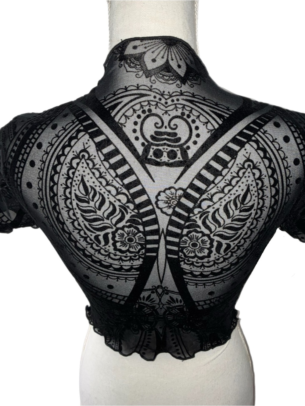 Mandala and Paisley Print Sheer Lettuce Hem Cropped Top Whimsigoth Vibes - Picture 3 of 4